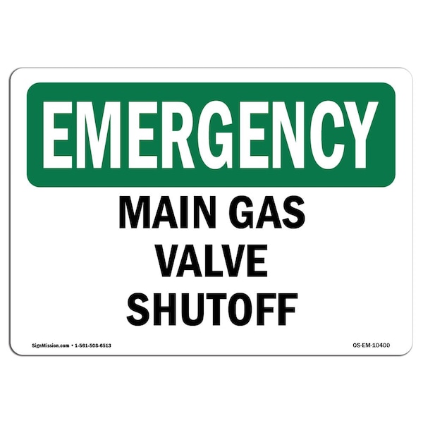 Safety Sign, OSHA EMERGENCY, 18" Height, Rigid Plastic, Main Gas Valve Shutoff, Landscape
